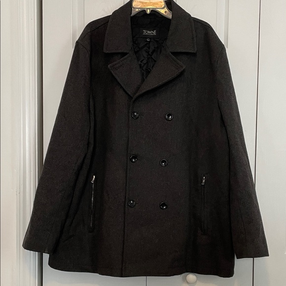 Towne London Fog gray 2XLT double-breasted pea coat button close/zippered pocket - Picture 4 of 10